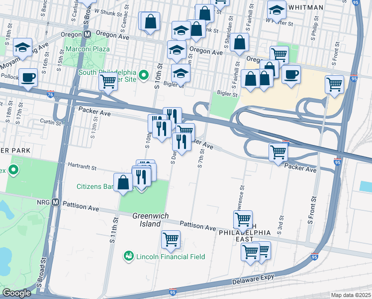 map of restaurants, bars, coffee shops, grocery stores, and more near 700 Packer Avenue in Philadelphia