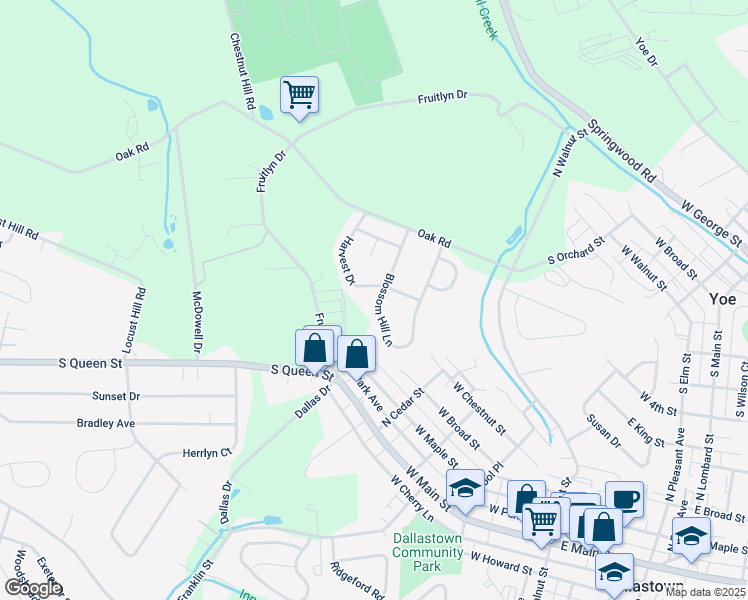 map of restaurants, bars, coffee shops, grocery stores, and more near 656 Blossom Hill Lane in Dallastown