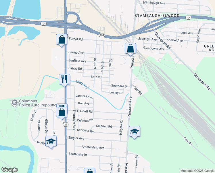 map of restaurants, bars, coffee shops, grocery stores, and more near 229 Southard Drive in Columbus