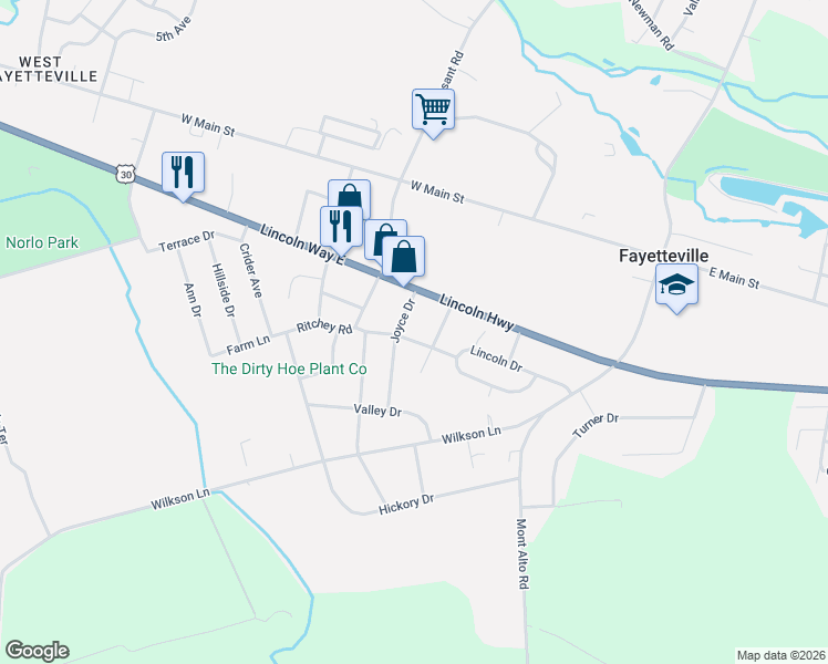 map of restaurants, bars, coffee shops, grocery stores, and more near 115 Miller Drive in Fayetteville