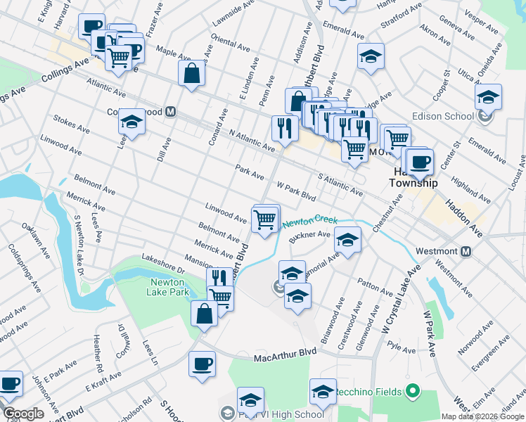 map of restaurants, bars, coffee shops, grocery stores, and more near 2 Stokes Avenue in Haddon Township