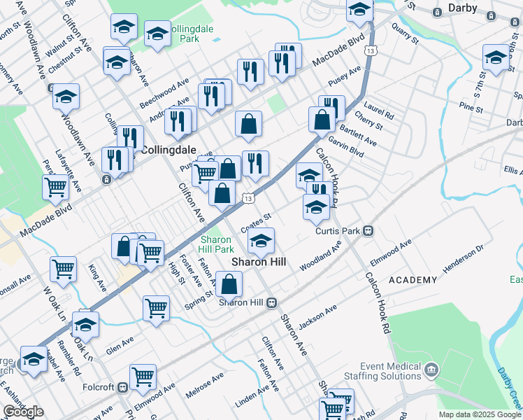 map of restaurants, bars, coffee shops, grocery stores, and more near 125 Barker Avenue in Sharon Hill
