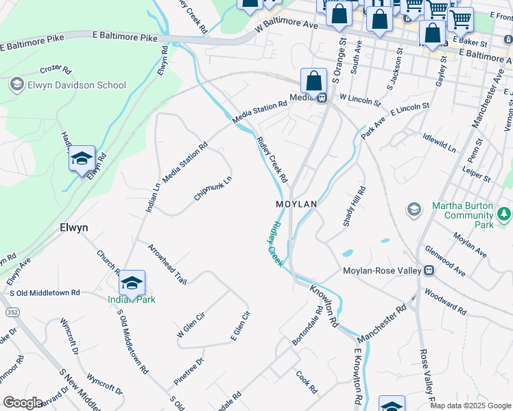 map of restaurants, bars, coffee shops, grocery stores, and more near 670 South Ridley Creek Road in Media