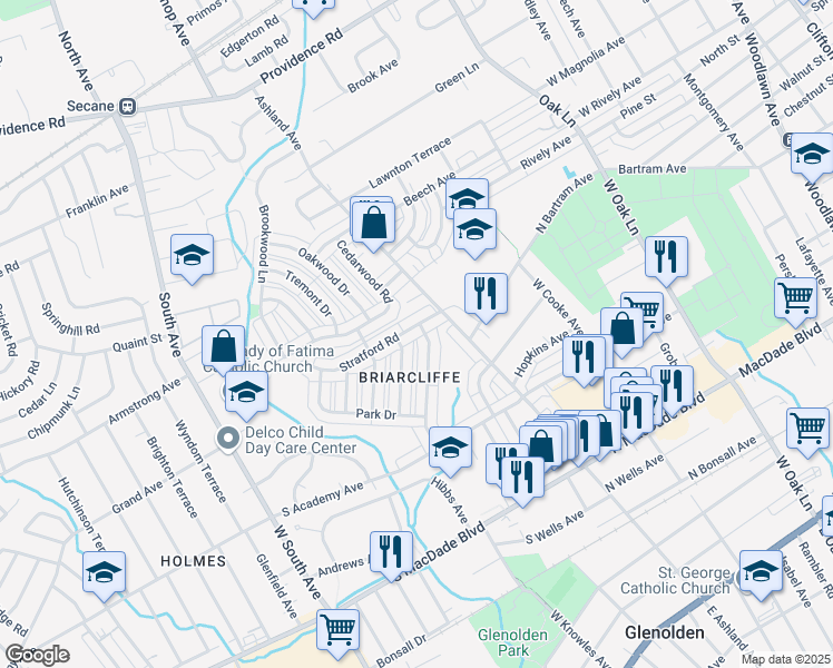 map of restaurants, bars, coffee shops, grocery stores, and more near 103 Stratford Road in Glenolden