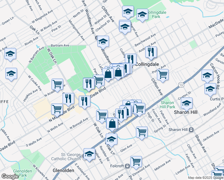 map of restaurants, bars, coffee shops, grocery stores, and more near 156 Lafayette Avenue in Collingdale