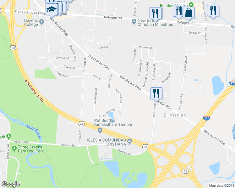 map of restaurants, bars, coffee shops, grocery stores, and more near 3063 Eastwick Road in Columbus