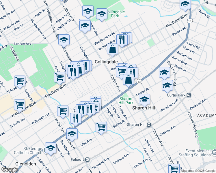 map of restaurants, bars, coffee shops, grocery stores, and more near 69 Frances Avenue in Sharon Hill