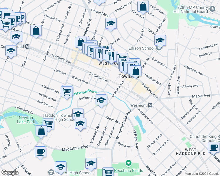 map of restaurants, bars, coffee shops, grocery stores, and more near 128 Westmont Avenue in Haddon Township