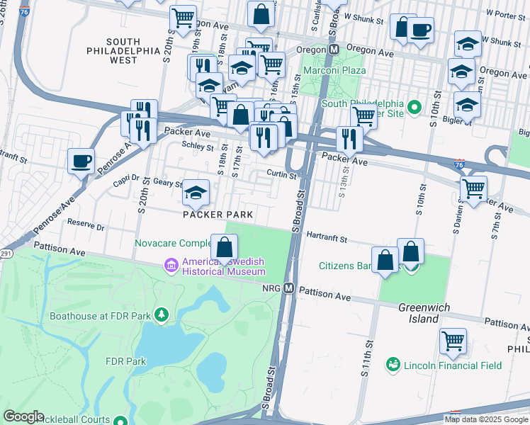 map of restaurants, bars, coffee shops, grocery stores, and more near 3228 South Sydenham Street in Philadelphia