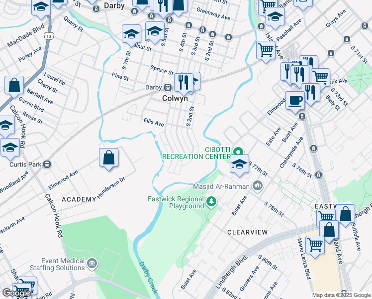 map of restaurants, bars, coffee shops, grocery stores, and more near 557 South 3rd Street in Darby