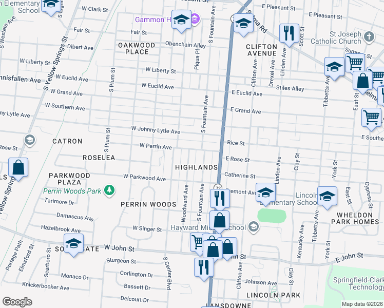 map of restaurants, bars, coffee shops, grocery stores, and more near 1358 Woodward Avenue in Springfield