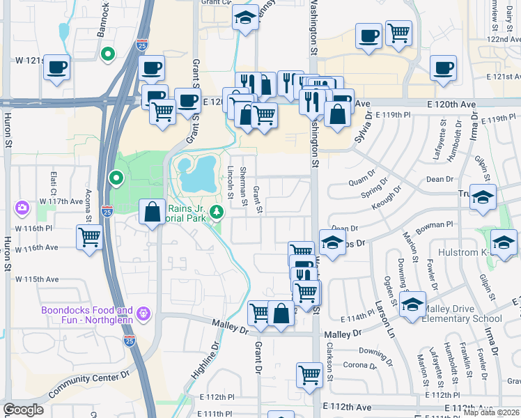 map of restaurants, bars, coffee shops, grocery stores, and more near 11701 Washington Street in Northglenn