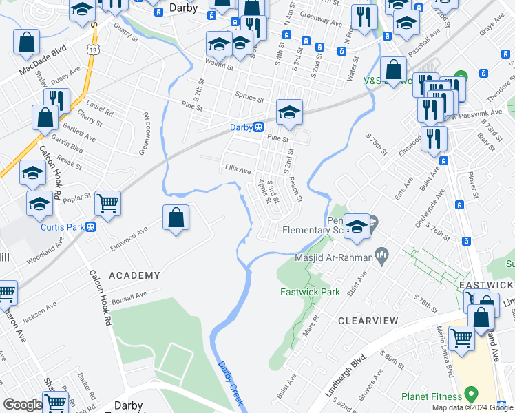 map of restaurants, bars, coffee shops, grocery stores, and more near 556 South 4th Street in Darby