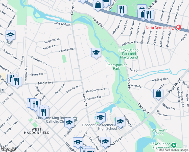 map of restaurants, bars, coffee shops, grocery stores, and more near 639 Maple Avenue in Haddonfield