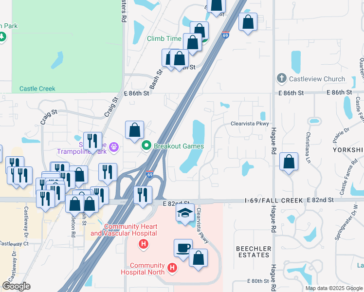 map of restaurants, bars, coffee shops, grocery stores, and more near 8405 Clearvista Place in Indianapolis