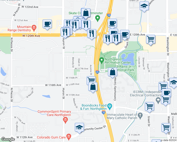 map of restaurants, bars, coffee shops, grocery stores, and more near 289 West 116th Way in Northglenn