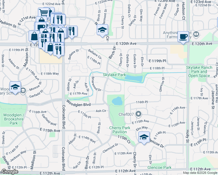 map of restaurants, bars, coffee shops, grocery stores, and more near 4402 East 117th Court in Thornton