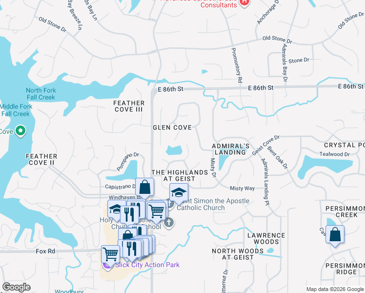 map of restaurants, bars, coffee shops, grocery stores, and more near 8382 Glen Highlands Drive in Indianapolis