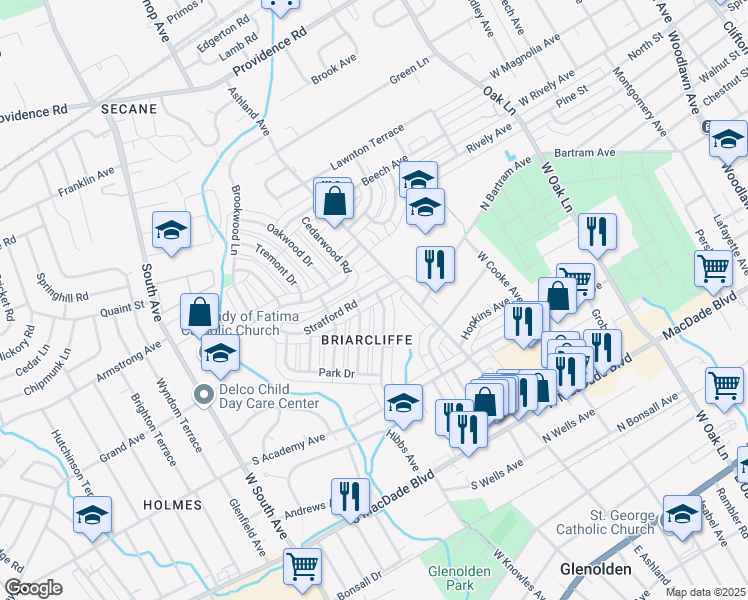 map of restaurants, bars, coffee shops, grocery stores, and more near 101 Stratford Road in Glenolden