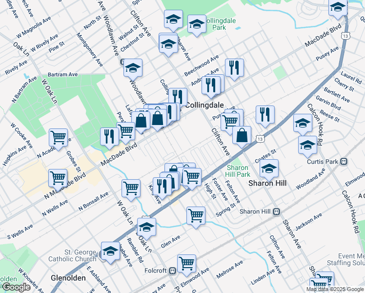 map of restaurants, bars, coffee shops, grocery stores, and more near 111 Wayne Avenue in Collingdale