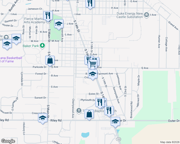 map of restaurants, bars, coffee shops, grocery stores, and more near 1674 R Avenue in New Castle