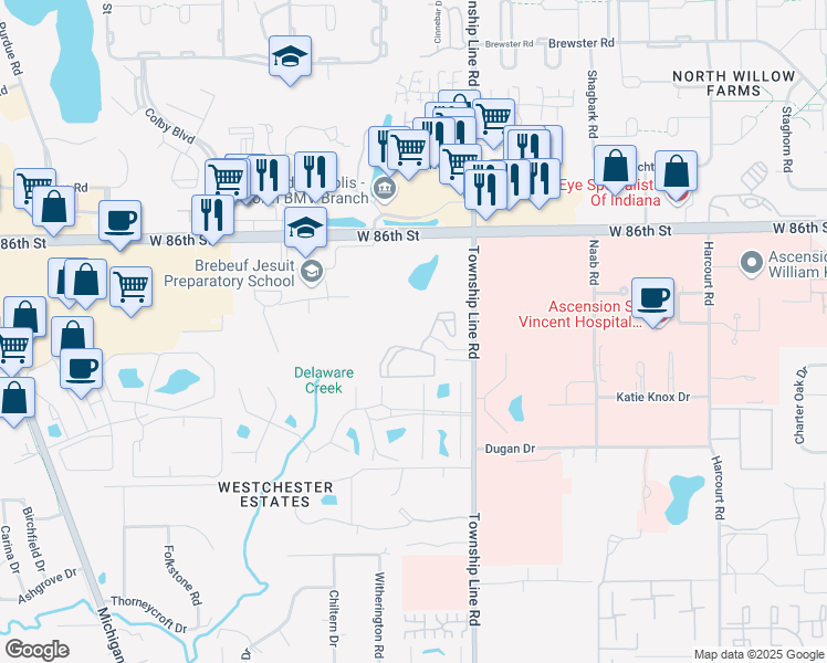 map of restaurants, bars, coffee shops, grocery stores, and more near 2520 Summer Drive in Indianapolis