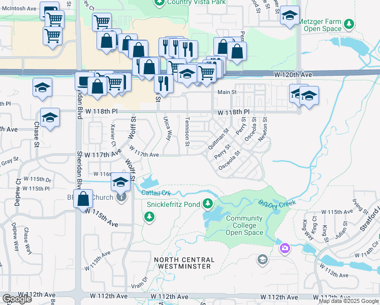 map of restaurants, bars, coffee shops, grocery stores, and more near 4393 West 117th Avenue in Westminster
