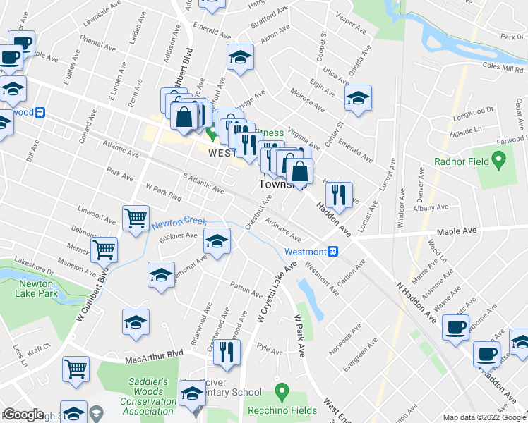 map of restaurants, bars, coffee shops, grocery stores, and more near 84 Chestnut Avenue in Haddon township
