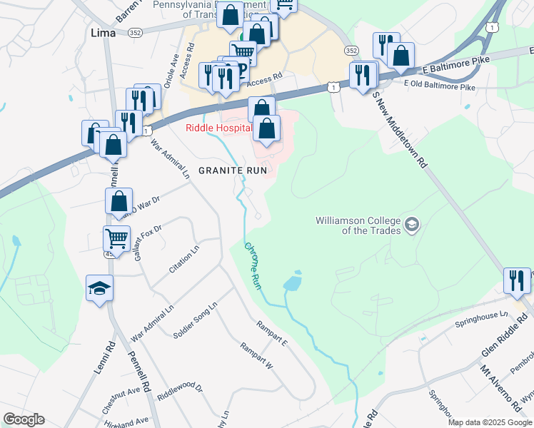 map of restaurants, bars, coffee shops, grocery stores, and more near 512 Williamson Circle in Media