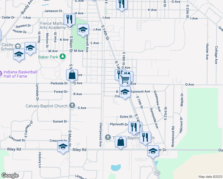 map of restaurants, bars, coffee shops, grocery stores, and more near 1630 R Avenue in New Castle