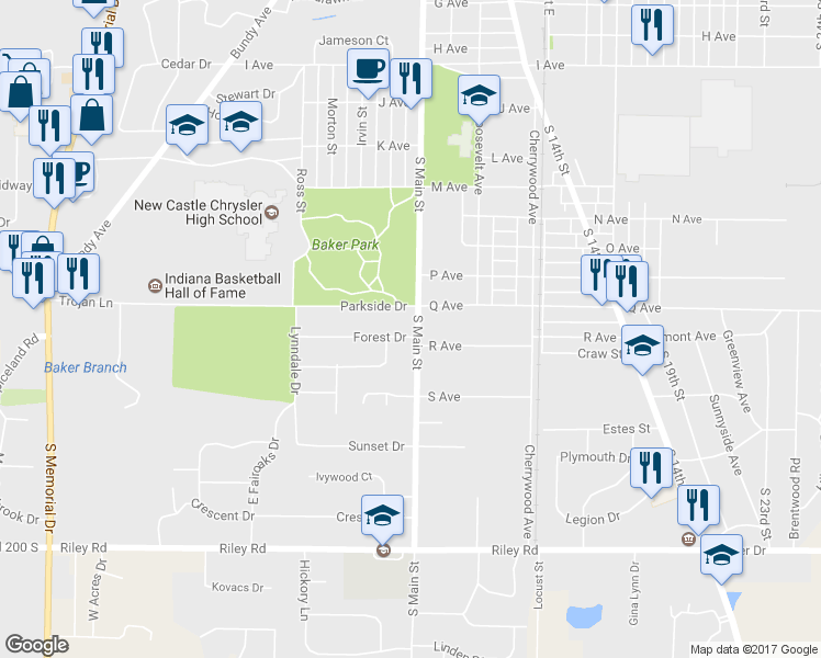 map of restaurants, bars, coffee shops, grocery stores, and more near 2421 South Main Street in New Castle