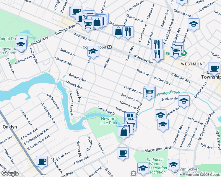map of restaurants, bars, coffee shops, grocery stores, and more near 927 Belmont Avenue in Haddon Township