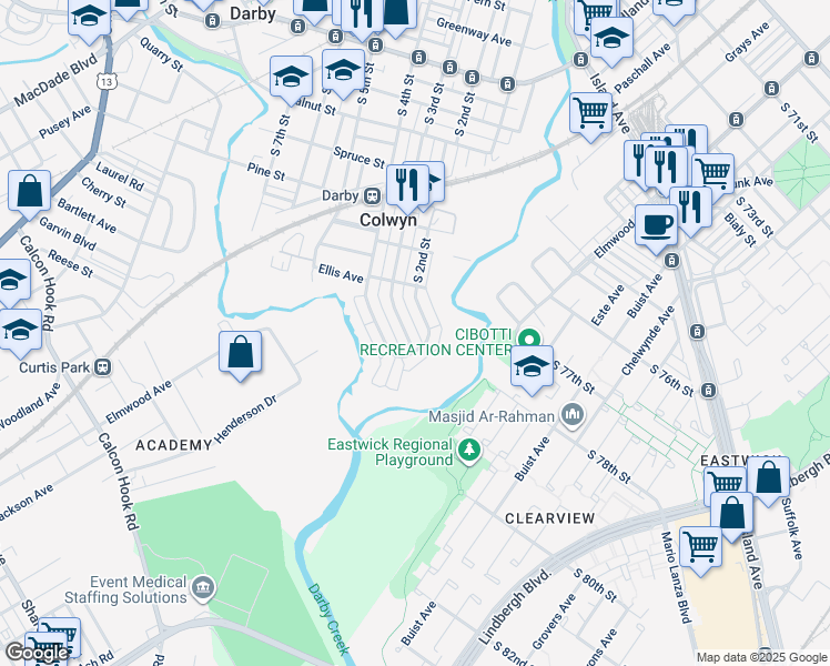 map of restaurants, bars, coffee shops, grocery stores, and more near 557 South 3rd Street in Darby