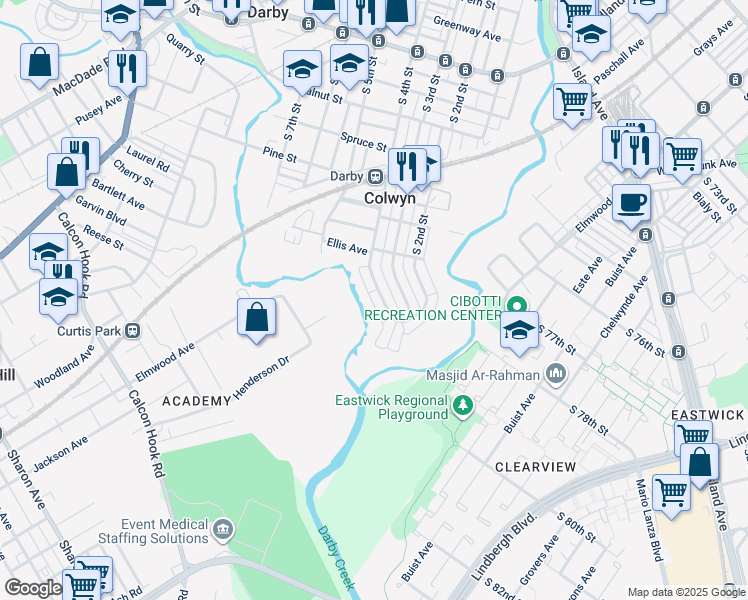 map of restaurants, bars, coffee shops, grocery stores, and more near 554 South 4th Street in Darby