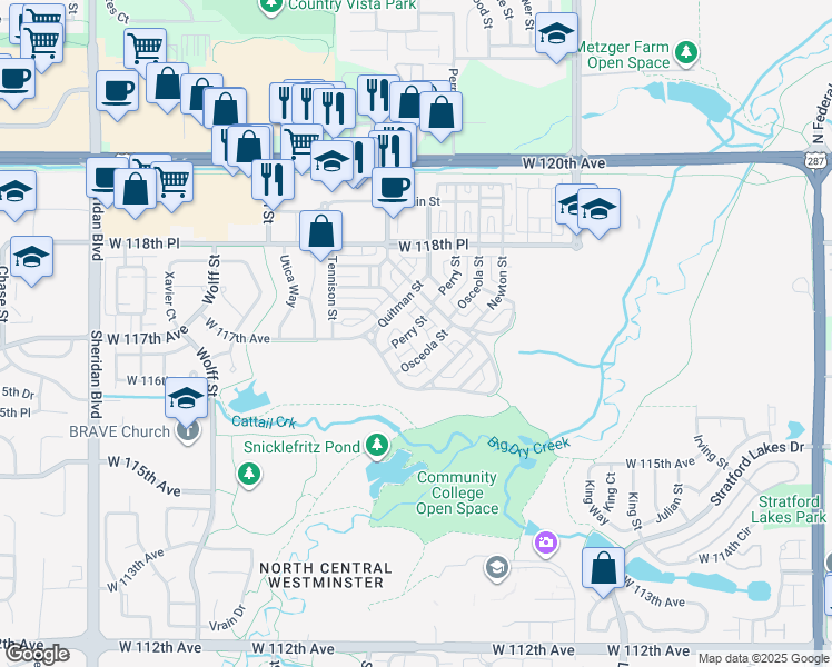 map of restaurants, bars, coffee shops, grocery stores, and more near 11708 Perry Street in Westminster