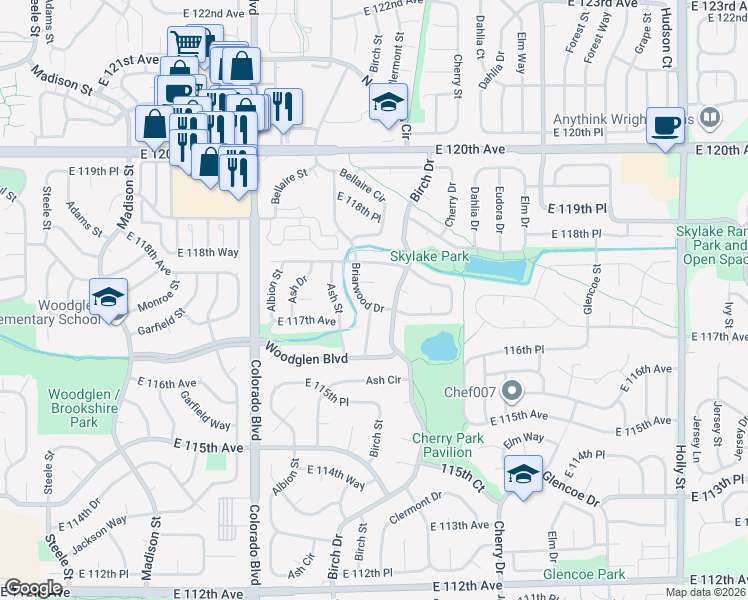 map of restaurants, bars, coffee shops, grocery stores, and more near 11712 Briarwood Drive in Thornton