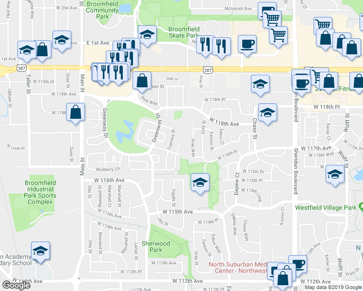 map of restaurants, bars, coffee shops, grocery stores, and more near 464 Hickory Place in Broomfield