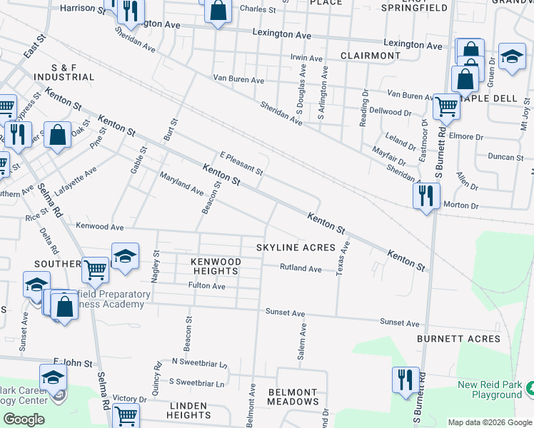 map of restaurants, bars, coffee shops, grocery stores, and more near 1125 South Belmont Avenue in Springfield