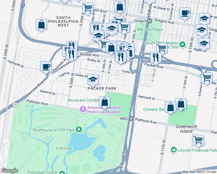 map of restaurants, bars, coffee shops, grocery stores, and more near 3231 South 17th Street in Philadelphia