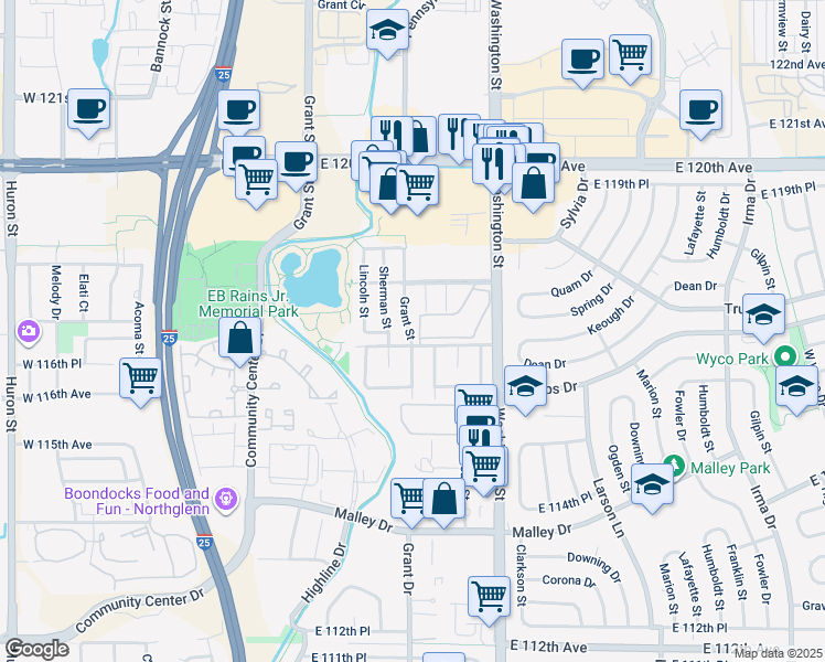 map of restaurants, bars, coffee shops, grocery stores, and more near 11701 Washington Street in Northglenn