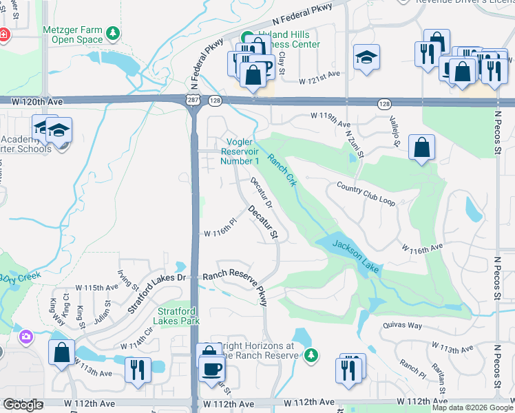 map of restaurants, bars, coffee shops, grocery stores, and more near 11691 Decatur Drive in Westminster