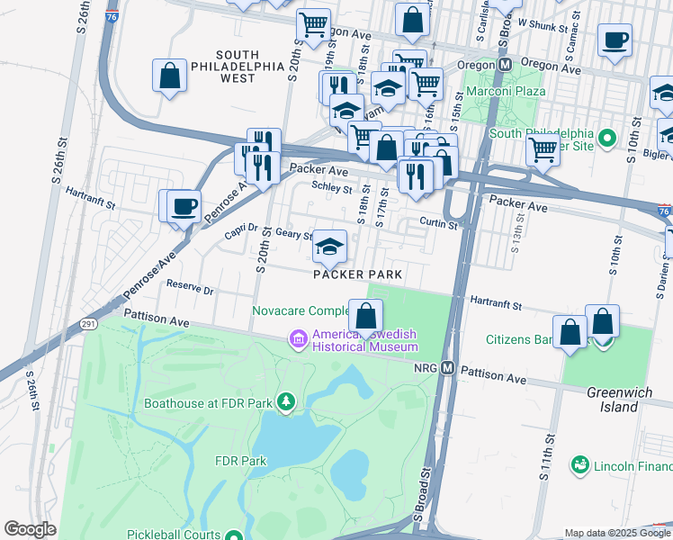 map of restaurants, bars, coffee shops, grocery stores, and more near 1821 Hartranft Street in Philadelphia