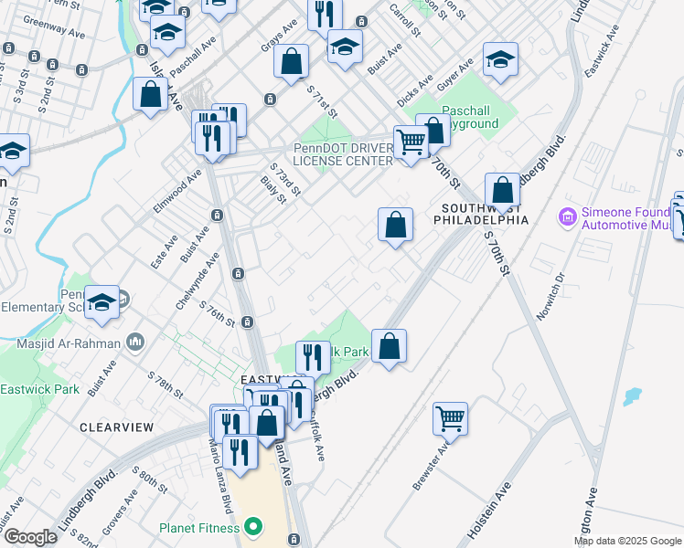 map of restaurants, bars, coffee shops, grocery stores, and more near 7316 Longspur Place in Philadelphia