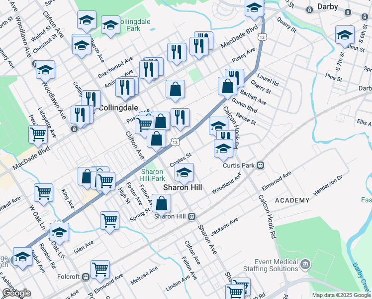 map of restaurants, bars, coffee shops, grocery stores, and more near 125 Barker Avenue in Sharon Hill