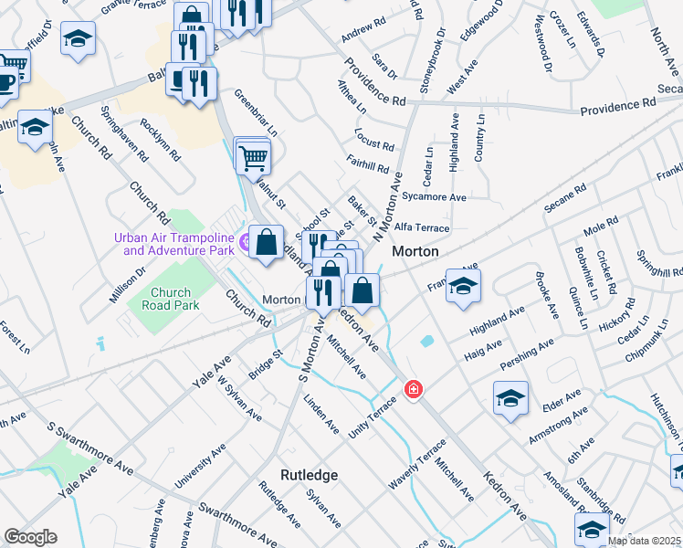 map of restaurants, bars, coffee shops, grocery stores, and more near 22 Faraday Court in Morton