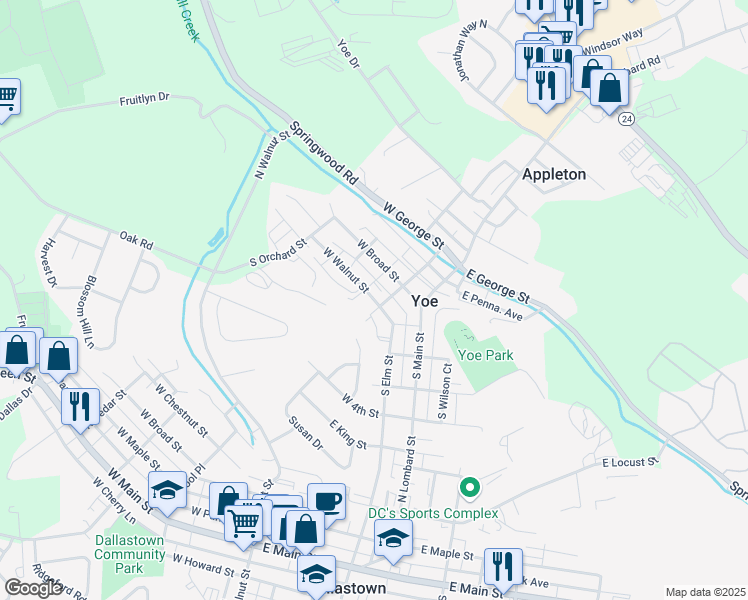 map of restaurants, bars, coffee shops, grocery stores, and more near 86 West Walnut Street in Yoe