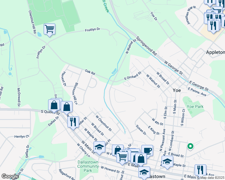 map of restaurants, bars, coffee shops, grocery stores, and more near 701 Franlyn Drive in Dallastown
