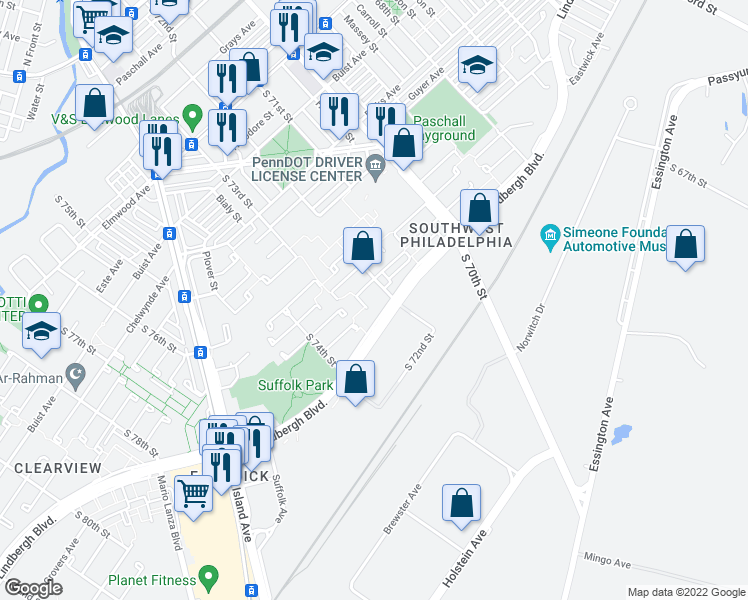 map of restaurants, bars, coffee shops, grocery stores, and more near 7238 Mallard Place in Philadelphia