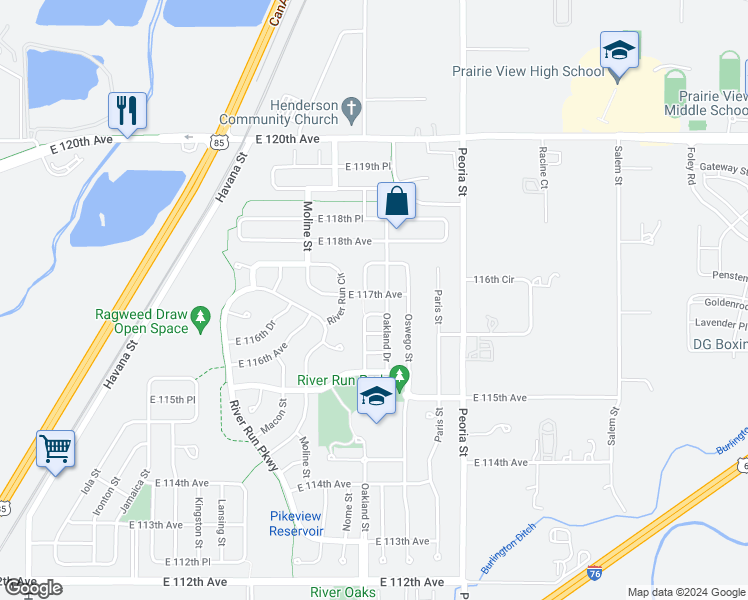 map of restaurants, bars, coffee shops, grocery stores, and more near 11830 East 117th Avenue in Henderson