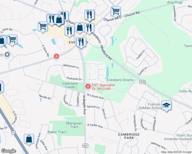map of restaurants, bars, coffee shops, grocery stores, and more near 37 Burgundy Drive in Evesham